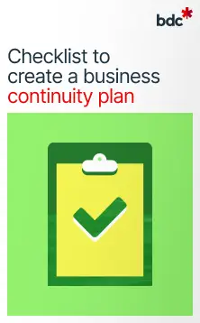 Illustration of a checklist in bright greens with the text Checklist to create a business continuity plan