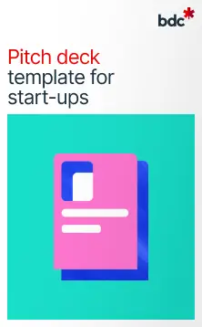 Illustration of a paper document in bright colors with text Pitch deck template for start-ups
