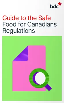 Illustration of a pink document and magnifying glass with the text Guide to the Safe Food for Canadians Regulations