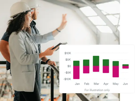 Woman and man with hard hats discussing in a factory